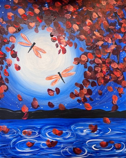 a painting of three dragonflies flying over water