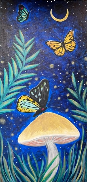 a painting of butterflies flying over a mushroom