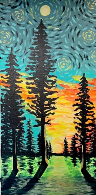 a painting with trees and the sun in the background