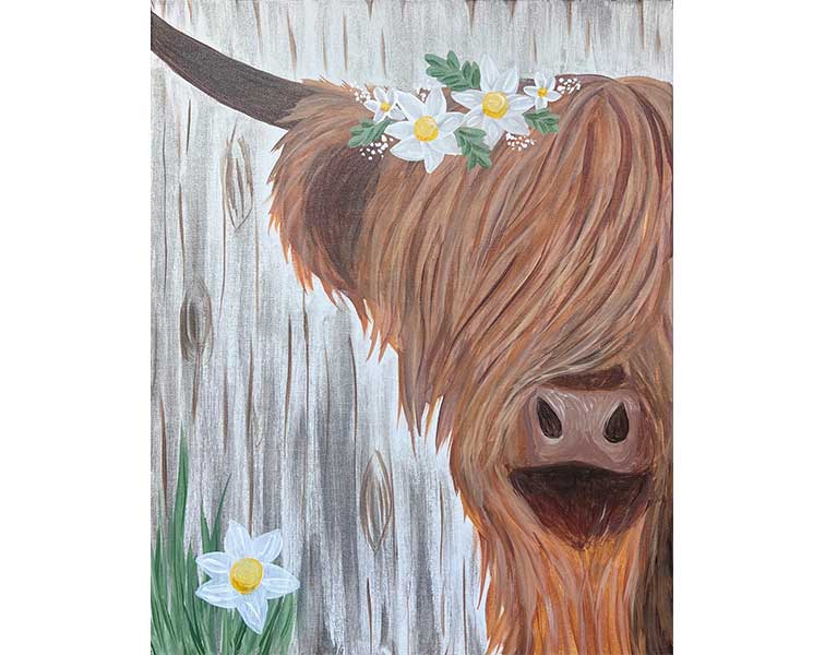 a painting of a cow with flowers in its hair