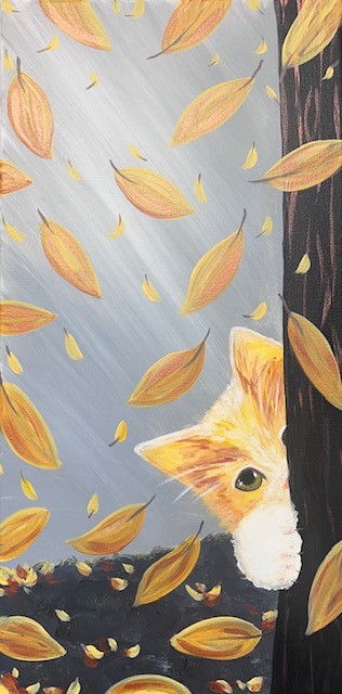 a painting of a cat peeking out from behind a tree