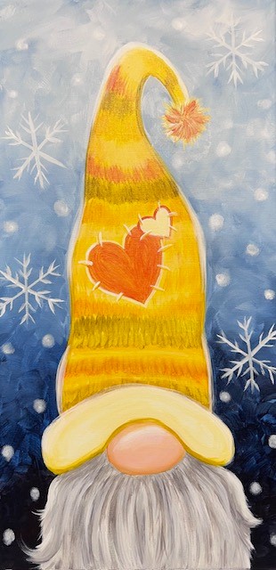 a painting of a gnome with a heart on his hat