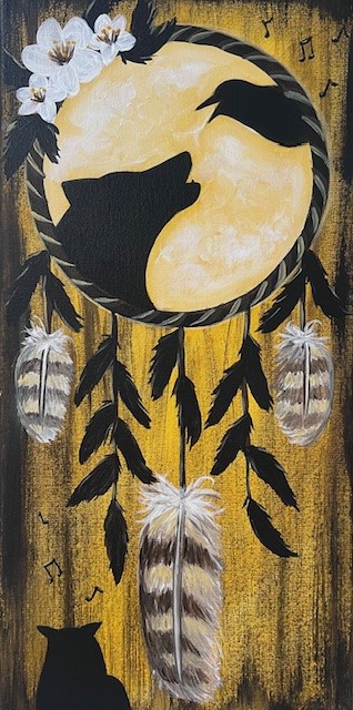 a painting of a cat and a bird on a yellow background