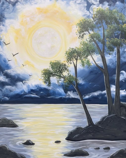 A serene landscape painting of a bright sun over a calm water body, with trees and rocks in the foreground and birds flying in the sky.