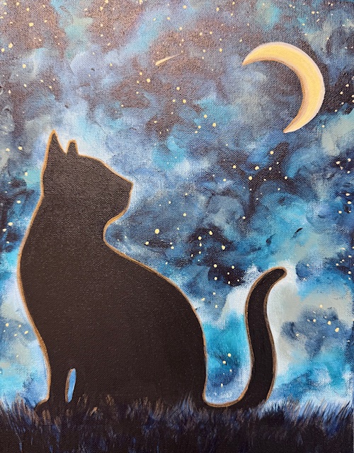 A silhouette of a cat sitting against a starry night sky with a crescent moon captures the charm of May kittens and April showers.