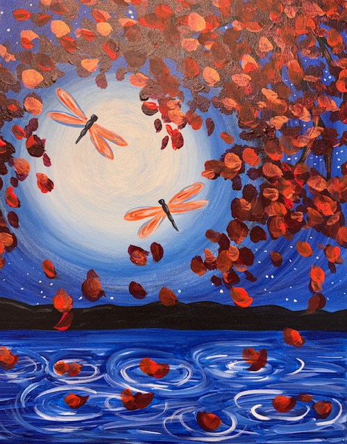 Amber Skimmer ~ Painting Event 3 Two Amber Skimmers fly near a full moon, surrounded by falling red leaves over a blue, rippling lake with a dark shoreline in the background—perfect inspiration for your next Painting Event.