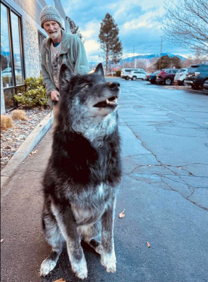 A man in a gray hat and jacket stands behind a large black and gray dog on a paved street with parked cars and trees, under a sky suggesting the whiff of spring.