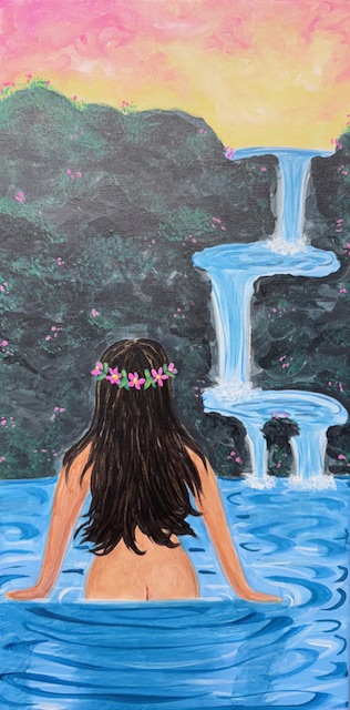 A person with long hair and a flower crown stands back to the water, immersed in a breathtaking painting event as they face a multi-tiered waterfall against a sunset sky.