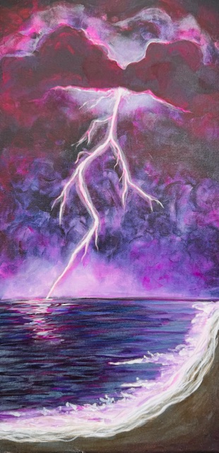 Beach Lightning ~ Painting Event 3 A bolt of Beach Lightening strikes the ocean near a sandy shore under dark, swirling clouds with purple and pink hues—perfect inspiration for your next Painting Event.
