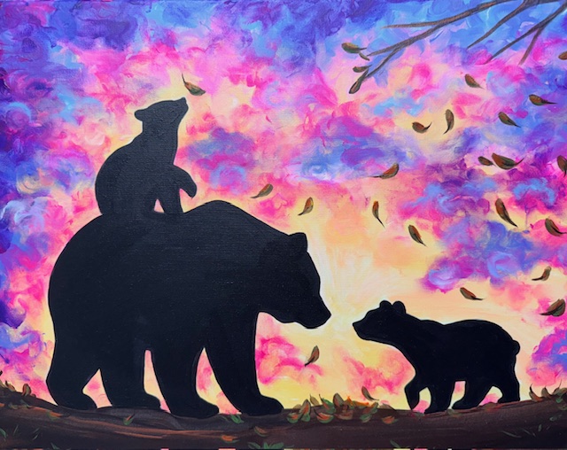 Silhouettes of a bear and two cubs, one riding on its back, against a colorful, swirling sunset sky with falling leaves and tree branches—a heartwarming design perfect for a Bear with Me fundraising painting event.