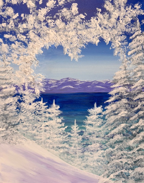 Beloved Blue ~ Painting Event 3 Snow-covered trees frame a view of a lake with mountains in the background under a beloved blue sky—perfect inspiration for your next Painting Event.