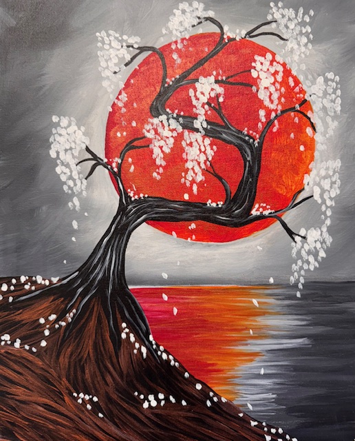 Painting of a flowering tree with white blooms on a slope, set against a large blood moon and a reflective body of water under a cloudy gray sky.