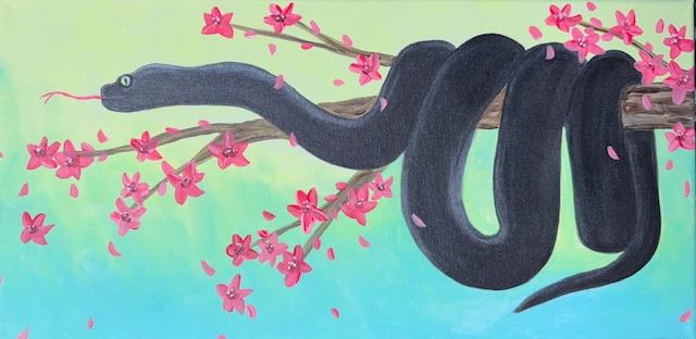 A black snake with its tongue out is coiled around a branch covered in pink flowers, set against a blue and green background. This vivid scene invites viewers to branch out and explore the vibrant world captured in this exquisite painting.