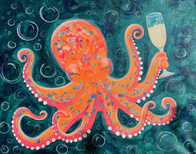 Bubble Butt ~ Painting Event 3 A colorful orange octopus with pink spots, sporting a charming bubble butt, holds a champagne glass in one arm, surrounded by bubbles underwater—a perfect scene for your next Painting Event.