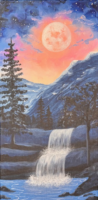 Celestial Cascade ~ Painting Event 3 A bright full moon rises over mountains and a pine forest, illuminating a Celestial Cascade—a waterfall flowing into a calm pool beneath a colorful evening sky, perfect inspiration for your next Painting Event.