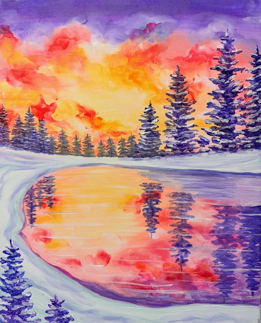 Chill Reflections ~ Painting Event 3 A snowy landscape with pine trees and a frozen lake, reflecting a vivid orange and pink sunset, sets the scene for our Chill Reflections painting event under a dramatic sky with purple and yellow tones.