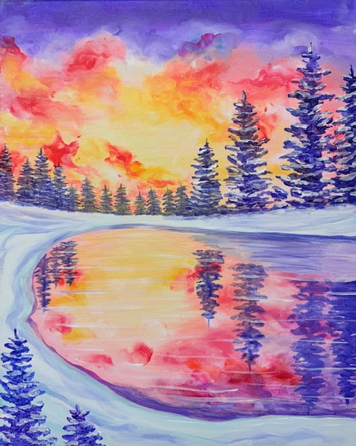 A mesmerizing sunset transforms the lake into a canvas of chill reflections, bordered by snow-covered trees and a vibrant sky.