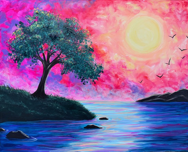 A vibrant painting of a tree by a lake at sunset, with a colorful pink and purple sky, bright sun, distant hills, and birds flying over the water—perfect for a Family Painting Event inspired by Down on the Banks.