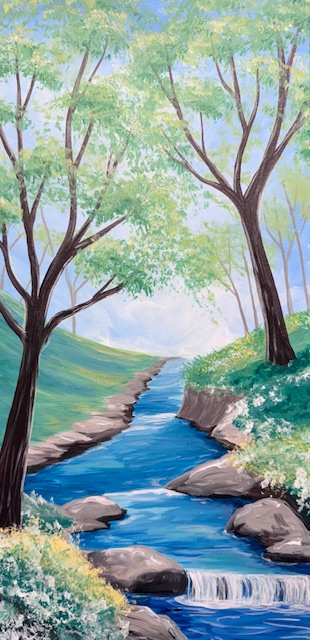 Painting of a serene landscape with a blue river flowing downstream, rocks, and trees under a clear sky.