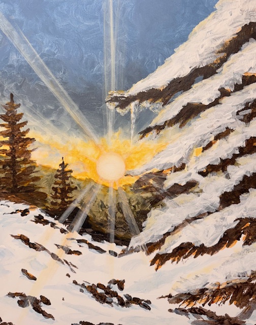 Early Escape ~ Painting Event 3 A bright sun rises behind snow-covered trees and branches, casting rays of light across a wintry landscape under a partly cloudy sky.