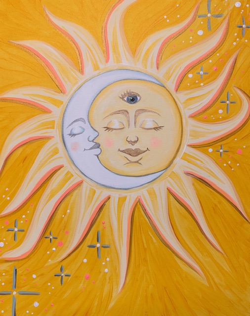Eye See ~ Painting Event 3 A stylized illustration of the sun and moon combined, both with faces and sparkling details, against a bright yellow background—perfect inspiration for a Painting Event or anyone drawn to celestial art with an "Eye See" for detail.