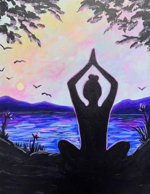 A silhouette of a person meditating cross-legged by a lake at sunset, with birds flying and mountains in the background—capturing serenity in this Free as a Tree painting workshop scene.
