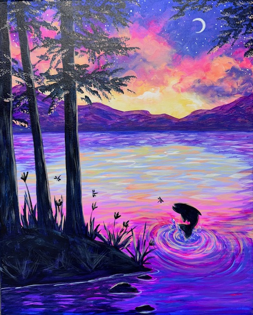 A bear catches a fish in a colorful lake at sunset, surrounded by trees and dragonflies, with mountains and a crescent moon in the background—perfect inspiration for your next Painting event or art workshop.