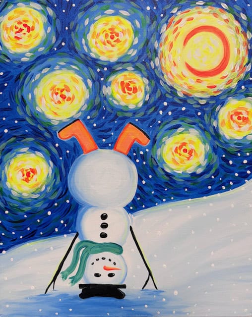 Upside-down snowman with a carrot nose and green scarf on a snowy hill under a sky resembling Van Gogh's Starry Night.