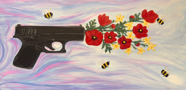A black handgun releases red and yellow flowers instead of bullets; bees fly around against a swirling pastel background in this vibrant Flower O'Glock scene, perfect inspiration for your next Painting Event.