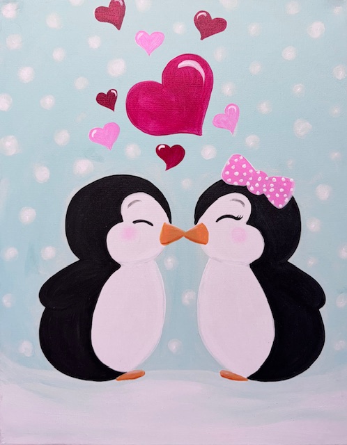 Two cartoon penguins face each other with eyes closed, kissing. The penguin on the right sports a pink bow. Above them, several red and pink heart shapes float on a snowy background, capturing the essence of forever love. Perfect for a family painting event to cherish timeless bonds. .