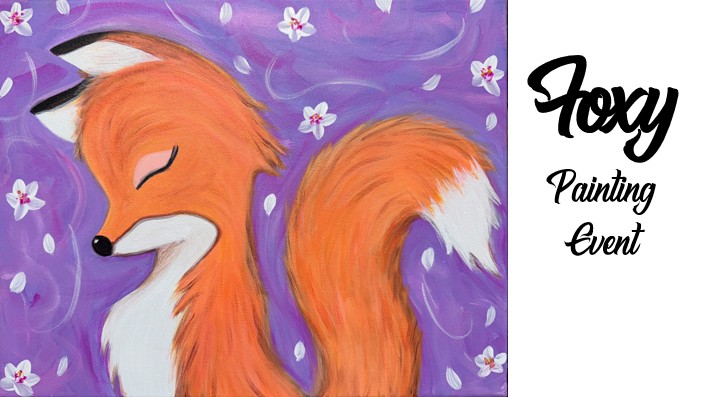 A charming painting of an orange fox with closed eyes and a large tail on a purple background with white flowers, beside the text "Foxy Painting Event.
