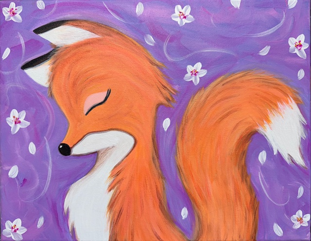 A stylized illustration of Foxy, an orange fox with closed eyes and a fluffy tail, set against a purple background with white flowers—perfect inspiration for your next painting event.