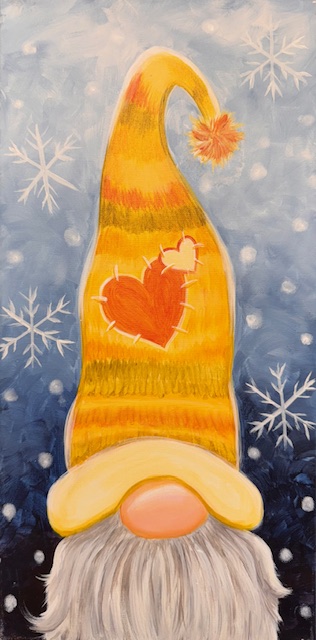 Gnome for the Holidays ~ Painting Event 3 A gnome with a long yellow hat featuring a stitched heart design stands against a blue background with snowflakes, perfect for a festive Gnome painting or holiday event.