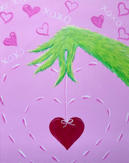 A green furry hand holds a red heart on a string against a pink background adorned with "XOXO" and heart motifs, capturing the spirit of growth at our upcoming painting event.