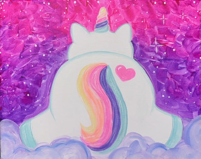 A chubby cartoon unicorn, perfect for a family painting event, viewed from behind with a rainbow tail and a heart on its flank, sits among purple and pink clouds.