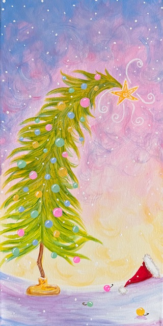 A whimsical, curved Christmas tree decorated with colorful ornaments and a star topper stands in snow; inspired by "It Came Without Packages," this scene makes the perfect subject for your next Painting Event. A Santa hat and ornaments lay nearby.