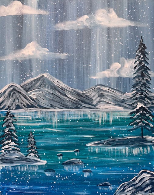 A winter landscape painting beautifully captures snowy trees, mountains, and a tranquil lake under a cloudy sky with falling snow, reminiscent of an iced Tahoe.