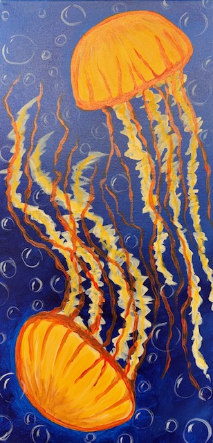 Jellies ~ Artown Painting Event 3 Two orange jellies with long tentacles float underwater against a blue background with bubbles, capturing the serene beauty perfect for a Painting Event at Artown.