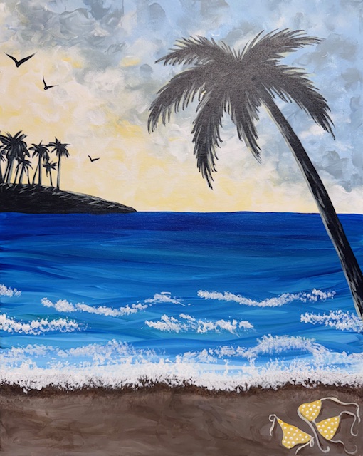 A tropical beach scene from the Beach Series, with waves, palm trees, birds in the sky, and a yellow polka dot bikini lying on the sand—perfect inspiration for your next Painting Event.