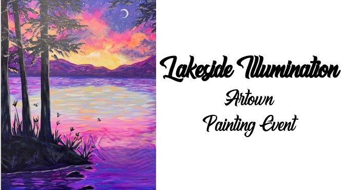 A colorful lake sunset painting with silhouetted trees in the foreground highlights the "Fishin' In The Dark Artown Painting Event," featuring bold, cursive text on a white background.