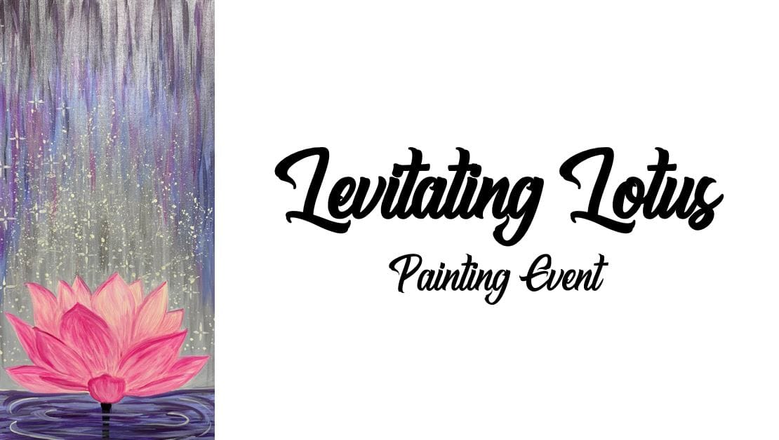 Experience the Levitating Lotus at our Painting Event, featuring an abstract pink lotus on water with a textured, shimmering background.