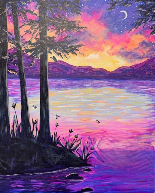 Lakeside Illumination~ Artown Painting Event 3 Painting of a lake at sunset from the Artown Painting Event, with vivid purple, pink, and orange clouds, silhouetted trees in the foreground, distant hills, and a crescent moon—perfect for fans of “Fishin’ In The Dark.”.