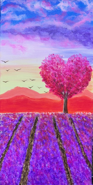 Join us for a captivating painting event where creativity blossoms like the heart-shaped pink tree in a vibrant landscape. Capture the beauty of lavender fields against majestic mountains and a colorful sky, all while supporting our fundraising efforts.