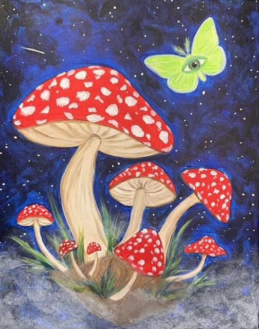 Leonard & Friends ~ Painting Event 3 Illustration of red and white spotted mushrooms growing on the ground at night with a green moth featuring an eye on its wings, set against a starry sky—perfect inspiration for your next Painting Event with Leonard & Friends.
