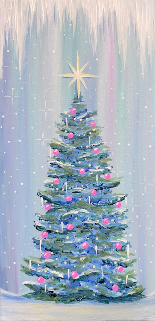 A painted Christmas tree decorated with pink ornaments and white lights, topped with a star, set against a snowy background with icicles and a colorful sky.