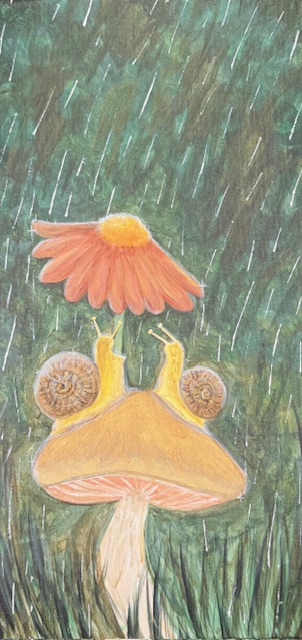 Let It Rain ~ Painting Event 3 Two snails sit on a mushroom under a pink flower, sheltering from the rain in a grassy area—perfect inspiration for your next Painting Event or to capture the spirit of "Let It Rain.