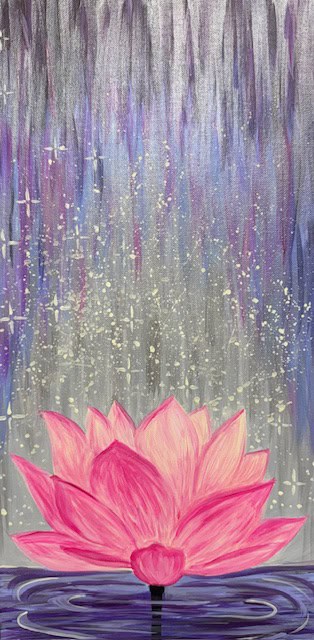 A pink lotus flower appears to levitate on water, set against a background of vertical brushstrokes in shades of purple and silver, accentuated by white speckles. This mesmerizing Levitating Lotus is the highlight of our upcoming Painting Event.