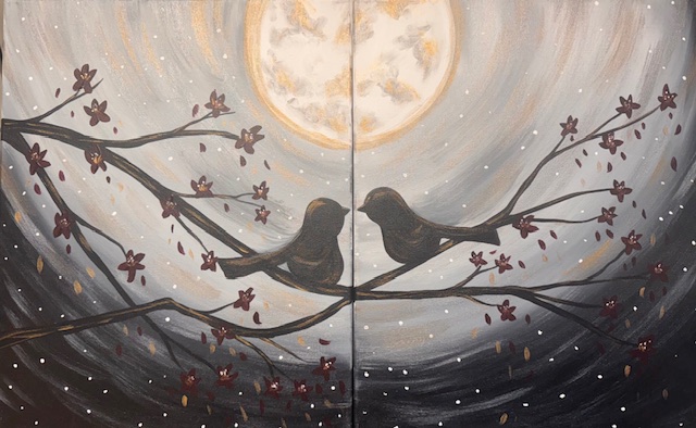 Two Love Birds sit on flowered branches under a full moon, with swirling gray skies and scattered petals—a perfect scene to recreate at your next painting event.