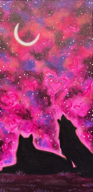 Two wolves silhouetted against a pink and purple night sky with a crescent moon and heart-shaped clouds serve as the enchanting theme for our U.S. Wolf Refuge fundraising painting event. Join us in celebrating these majestic creatures while supporting their sanctuary.