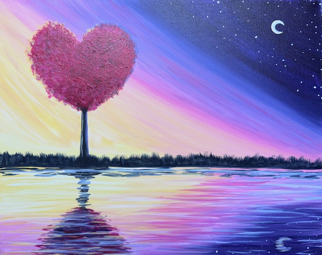 A heart-shaped tree by a lake with a colorful sky gradient from yellow to purple captivates like Love's Mirror. The calm water reflects the enchanting scene, while a crescent moon and stars glimmer above, painting an eventful moment of tranquil beauty.